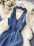 Halter Neck Wide Leg Denim Jumpsuit