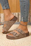 Medium Grey Retro Double Buckle PU Leather Faux Suede Platform Slippers