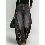 Women's Metal Eyelet High Waist Loose Wide-Leg Jeans – Light Blue, Black, Dark Blue