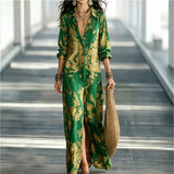 Women's Floral Print Chiffon Turn-Down Collar Split Maxi Dress | Resort Beach Dress