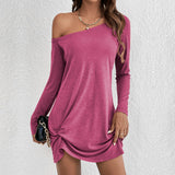Women's Cold Shoulder Long Sleeve Ruched Mini T-Shirt Dress