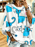 Cartoon Cat Print Hoodie with 3/4 Sleeves & Drawstring