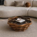Cloud Shaped Coffee Table with Tempered Glass Top, Walnut Brown