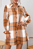 Khaki Plaid Pattern Collared Neck Ruffled Shirt Dress