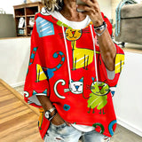 Cartoon Cat Print Hoodie with 3/4 Sleeves & Drawstring