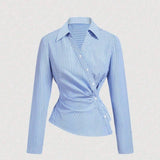 Womens Blue And White Vertical-striped Asymmetrical Long-sleeve Shirt