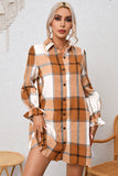 Khaki Plaid Pattern Collared Neck Ruffled Shirt Dress