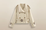 Women's Notch-Collar Short Trench Coat with Belt Buckle Detail