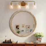 Round Decorative Wall Mirror, 35.43 Inches, Distressed Wood Beaded Frame, Natural Wood