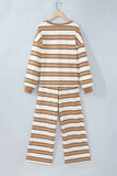 Khaki Stripe Contrast Trim Patchwork Casual Two-Piece Pants Set