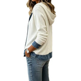 Womens Autumn Printed Denim-Style Patchwork Hooded Long-Sleeve Shirt