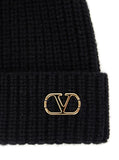 Valentino Garavani Men Black Knit Beanie With Vlogo On The Front In Cashmere Man