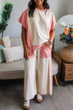 Two-tone Color Block Patchwork Tee Drawstring Loose Pant Set