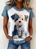 Denim Patchwork Short Sleeve Blouse