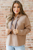 Dark Khaki Thermal Textured Leopard Drawstring Baggy Hoodie