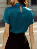 Satin Keyhole Short Sleeve Blouse