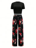 Essnce Women'S Summer Solid Color round Neck Short Sleeve T-Shirt and Flower Printed Wide Leg Pants Casual Two-Piece Set