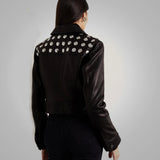 Women's Black Shearling Studded Textured Cropped Leather Jacket