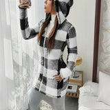 Plaid Hooded Sherpa-Lined Long Coat with Pockets