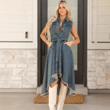 Women's Sleeveless Denim Midi Dress – Irregular Hem Button-Front