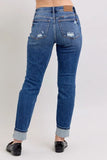 Judy Blue Full Size Mid Rise Boyfriend destroy Jeans with Yoke Pockets and Faux Selvedge Cuff Plus Size