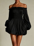 Women's Off-Shoulder Pleated Mini Dress – Smocked Waist & Puff Sleeves