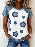 Denim Patchwork Short Sleeve Blouse