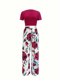 Essnce Women'S Summer Solid Color round Neck Short Sleeve T-Shirt and Flower Printed Wide Leg Pants Casual Two-Piece Set