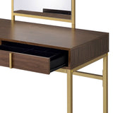 Walnut & Gold Finish Vanity Desk with Mirror & Jewelry Tray – Coleen