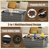 2-Piece Outdoor Rattan Fire Table Set 32 Inch Rectangle Gas Firepit with Tank Cover