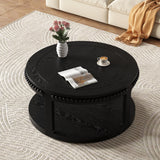 31.5-Inch Round Solid Wood Coffee Table, Two-Tier Open Storage, Black