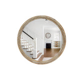 Round Decorative Wall Mirror, 35.43 Inches, Distressed Wood Beaded Frame, Natural Wood