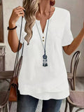 Notched Short Sleeve Blouse