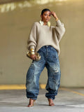 New-style Distressed Patchwork Washed Denim Jeans