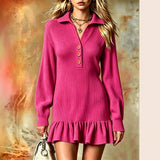 Ribbed Knit Polo Dress | Ruffle Hem Mini | Button-Neck Long Sleeve Dress