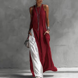 Women's Sleeveless Loose Contrast Color Dress with Pockets