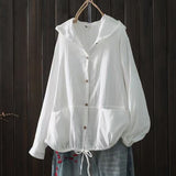 Women's Loose-Fit Hooded Button-Down Top with Drawstring Hem