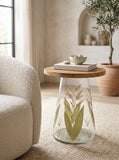 16x17.5" Glass Side Table with Wood Top and Hand-Painted Base