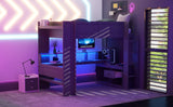 Wood Full Size Gaming Loft Bed with Desk, Storage Shelves, and LED Lighting