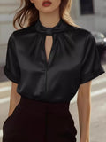 Satin Keyhole Short Sleeve Blouse