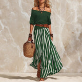 Women's One-Shoulder Bubble Sleeve Top & Stripe Skirt 2-Piece Set