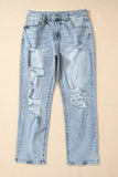 Sky Blue Light Wash Frayed Slim Fit High Waist Jeans