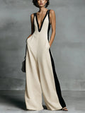 Women's Color-Block Sleeveless V-Neck Wide-Leg Jumpsuit – French Style Long Pants