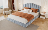 Velvet Upholstered Queen Bed Frame with Shell-Shaped Headboard