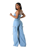 Denim Jean Sleeveless Cargo Jumpsuit