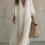 Women's Deep V-Neck Lace Trim Flared Sleeve Boho Maxi Dress