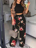 Essnce Women'S Summer Solid Color round Neck Short Sleeve T-Shirt and Flower Printed Wide Leg Pants Casual Two-Piece Set