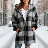 Plaid Hooded Zip-Up Oversized Jacket — Women’s Winter Commute Coat