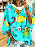 Cartoon Cat Print Hoodie with 3/4 Sleeves & Drawstring