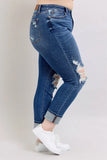 Judy Blue Full Size Mid Rise Boyfriend destroy Jeans with Yoke Pockets and Faux Selvedge Cuff Plus Size
